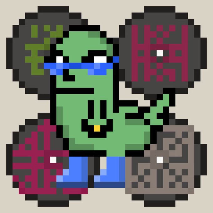 Pixel art illustration of a green character wearing blue sunglasses and a blue shirt, standing between four large dark circular coins displaying various cryptocurrency symbols.