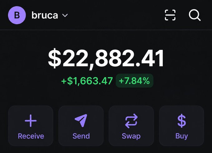 A crypto wallet interface for user "bruca" showing a balance of $22,882.41, up +$1,663.47 (+7.84%), with action buttons for Receive, Send, Swap, and Buy.