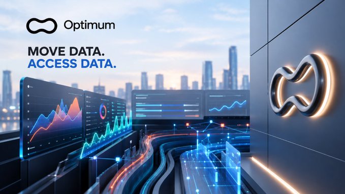A promotional banner for 'Optimum' with the tagline 'MOVE DATA. ACCESS DATA.' displayed alongside an illustration of a modern control room with monitors showing data visualizations and a large illuminated logo on the right.