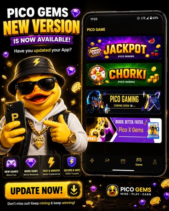 A promotional graphic announces "PICO GEMS NEW VERSION IS NOW AVAILABLE!" featuring a duck character in sunglasses and gold chains, alongside a smartphone screenshot displaying the "Pico Game" menu with options like "JACKPOT Pico Mining," "CHORKI Pico Mining," and "Pico X Gems," encouraging users to update their app for new games, more rewards, and a faster experience.
