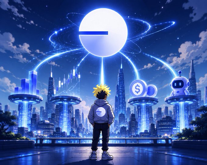 An anime-style illustration shows a young person with spiky blonde hair wearing a white hoodie, standing with their back to the viewer and looking up at a futuristic blue neon cityscape featuring a large glowing circular logo at the top, with floating platforms displaying charts, dollar signs, and a robot.