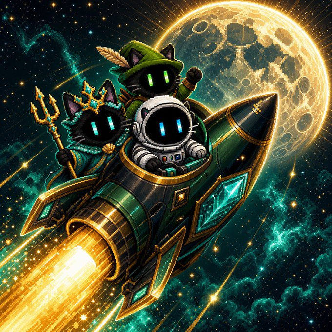 Digital artwork of three pixelated cats (one with a trident and crown, one in a hat, one in an astronaut suit) riding a rocket through space near a large moon.