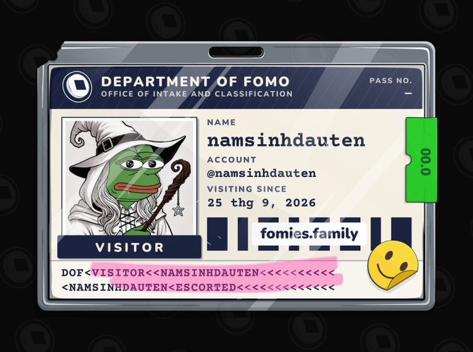 A digital 'Department of FOMO' visitor pass features a Pepe the Frog dressed as a wizard, with the name 'namsinhdauten' and account '@namsinhdauten' on fomies.family, and DOF-encoded text reading 'VISITOR<<NAMSINHDAUTEN<<<<<<' and 'NAMSINHDAUTEN<ESCORTED<<<<<<<<'.
