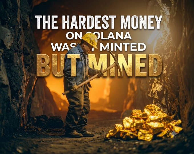 A miner in a hard hat swings a pickaxe in a glowing underground cavern next to a pile of gold, with bold text reading "THE HARDEST MONEY ON SOLANA WASN'T MINTED BUT MINED" — visually reinforcing the post's message about Promethium's mining-based approach to token creation on Solana.