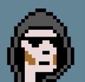 A small pixel art icon depicting a stylized figure wearing large headphones against a teal background.