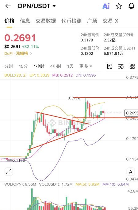 The image shows a screenshot of an OPNUSDT USDT chart and a forecast for OP N's price, both in Chinese text. The forecast predicts that OP N will rise by 4.53% over the next 24 hours, while the stock price is currently at 0.2691. The chart displays the historical data indicating a steady upward trend with no indications of a downward trajectory. Additionally, there are figures for Vol.Oi and Mai index in blue and red colors respectively. This information could be used to analyze the market's potential growth opportunities or identify any patterns related to OP N's performance.