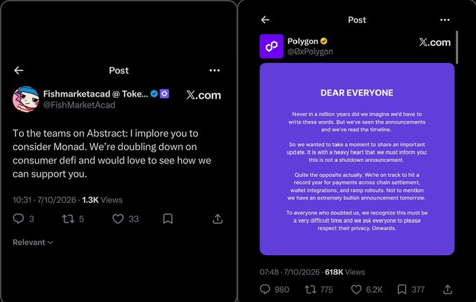 Two tweets side-by-side: on the left, @FishMarketAcad addresses Abstract teams about considering Monad for consumer DeFi support; on the right, @0xPolygon announces a record year for payment chain settlement and a delayed shutdown announcement.