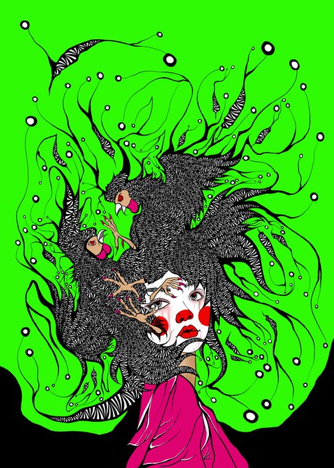 An illustration of a clown-like figure with white face paint and red cheeks, surrounded by wild black hair and green flame-like patterns against a bright green background.
