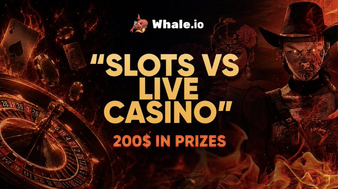 A Whale.io promotional graphic for a "Slots vs Live Casino" meme competition featuring $200 USDT in prizes, with a fiery roulette wheel, playing cards, and menacing masked cowboy imagery against flames.