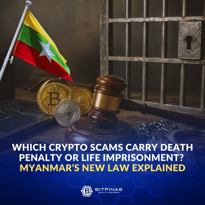 A BitPinas news thumbnail titled 'WHICH CRYPTO SCAMS CARRY DEATH PENALTY OR LIFE IMPRISONMENT? MYANMAR'S NEW LAW EXPLAINED', showing a gavel, Bitcoin and Ethereum coins, the Myanmar flag, and prison bars.