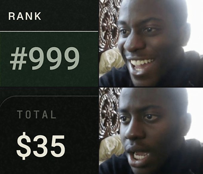 The image is a two-panel meme showing a man's reaction: in the top panel he's smiling broadly, and in the bottom panel his expression shifts to shock or dismay. The left side displays "RANK #999" and "TOTAL $35," humorously capturing the disappointment of earning minimal profits, fitting the "gVouchio Mfers" caption about crypto enthusiasts celebrating tiny gains.