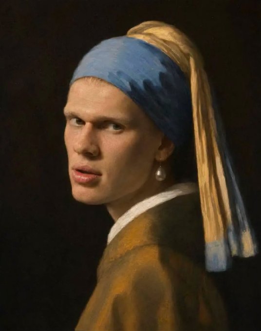 A digitally edited version of Johannes Vermeer's 'Girl with a Pearl Earring' painting, where the subject's face has been replaced with that of a male figure resembling singer Avicii.