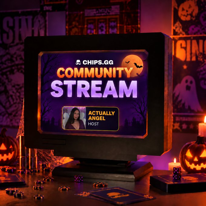 A promotional graphic for a 'CHIPS.GG COMMUNITY STREAM' hosted by 'ACTUALLY ANGEL', displayed on a vintage monitor in a Halloween-themed setting with carved pumpkins, candles, and scattered casino chips.