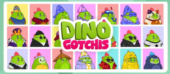 A colorful graphic for 'DINO GOTCHIS' featuring multiple cartoon green dinosaur characters in various outfits and costumes arranged in a grid.