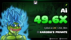 A trading card displays 'Ai 49.6X' for a frog-like character labeled 'KAROSHI'S PRIVATE', with 2M calls and 25d, 38m listed.