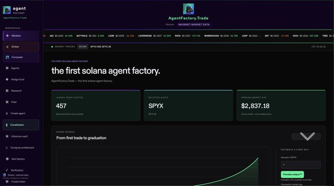A dark-themed dashboard titled 'AgentFactoryTrade' displaying 'the first solana agent factory' with metrics like 'LAUNCH AGENT QUOTAS 457', 'SELLEXTER QUOTAS SPYX $770.26', and 'OPENING MARKET CAP $2,837.18'.