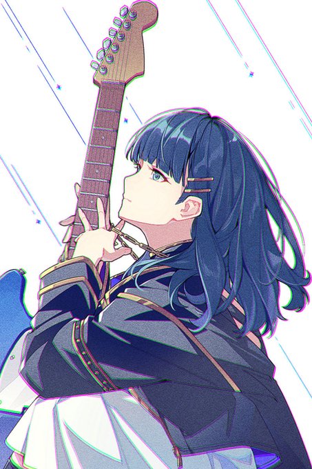 An anime-style illustration shows a blue-haired girl with a guitar, gazing thoughtfully to the side as she reaches her fingers upward. The image visually captures the essence of "Libra, touch it with your fingertips" by depicting the character in a contemplative moment, ready to connect with the instrument.