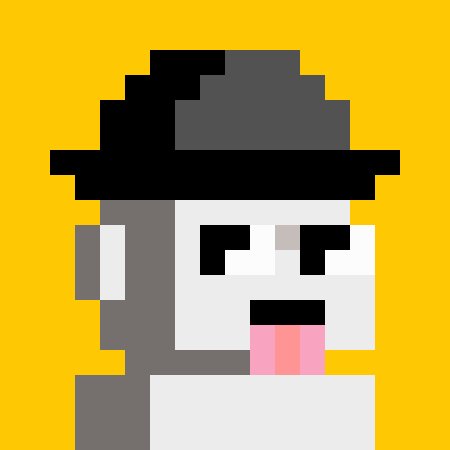 A pixel art illustration of a white character wearing a black hat with a pink tongue sticking out on a yellow background.