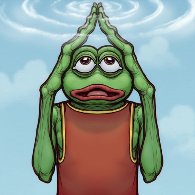The image shows a stylized illustration of a green Pepe the Frog character wearing a red tank top, with its hands pressed together above its head as if creating ripples in a cloudy sky background. This fits the post's lighthearted message about having a good day and doing something ridiculous, capturing the playful, absurd spirit of "gm" crypto culture with the meme frog striking an exaggerated prayer/meditation pose.