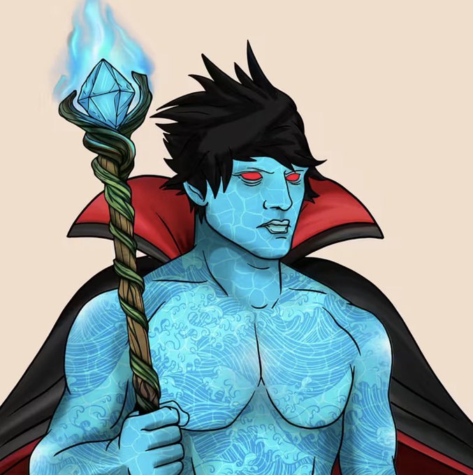 The image features a man with blue hair wearing a red cape and holding a staff or wand. The background of the image is white, which contrasts with the vibrant colors of the man's outfit and the blue hair color. There are no texts present in the image.