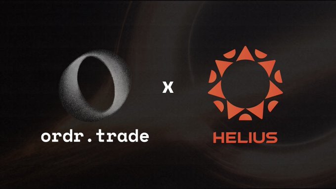 The image features a logo design with two distinct symbols, one being an X representing the word "order" and another symbolizing a ring shape, which might represent trade or business. The background of the logo consists of black text that reads, "@Helius", indicating that Helius is the name associated with this graphic. In addition to these elements, there are two words placed beneath the logo - "@mert" and "@bradyowen". These two words likely represent names related to the creators or contributors behind the design process of the Helius logo. The overall appearance of the image suggests that it might be a promotional post for an event or service related to graphic design, specifically focusing on trade, commerce, or business-related themes.