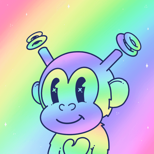 A colorful cartoon illustration of a cheerful monkey character with antenna-like ears topped with floating rings, rendered in rainbow gradient colors. The character has 'X' marks for eyes and a happy smile against a vibrant rainbow background.