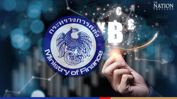 The image features the emblem of Thailand's Ministry of Finance alongside cryptocurrency symbols (GBP, YB, EUR) and financial charts, with a hand reaching toward glowing digital assets. This visual complements the accompanying post about Thailand's new policy exempting capital gains tax on crypto transactions through licensed domestic exchanges from 2025 to 2029.