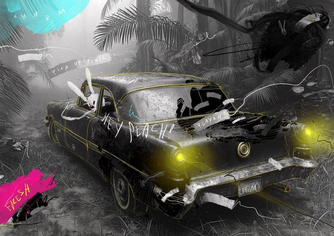 A stylized black-and-white digital artwork depicts a vintage car parked in a misty jungle, illuminated by glowing yellow headlights and tagged with graffiti reading "HEY PEACH!" alongside cartoon bunny motifs and a "FRESH" paint splash. The image serves as the visual for "Edition Sold Carisma 0," a collaborative digital art piece by @CustomHorror from their "Team Work" collection, edition 50/66.