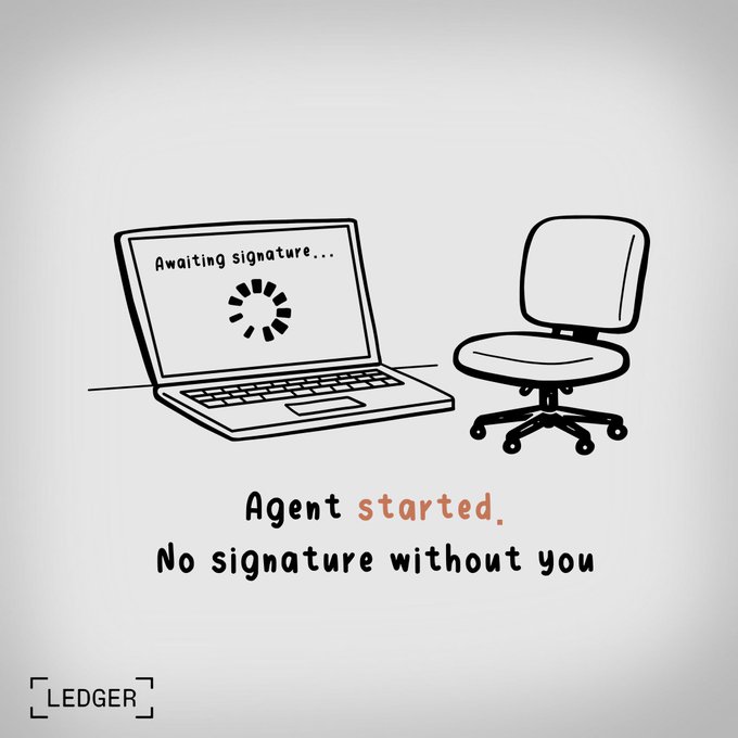 A Ledger advertisement illustration showing a laptop displaying 'Awaiting signature...' next to an empty office chair, with text reading 'Agent started. No signature without you.'