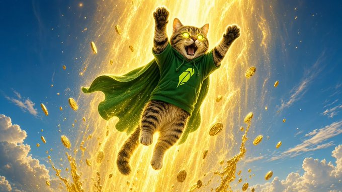 An illustrated tabby cat wearing a green superhero hoodie and cape soars triumphantly through a fiery golden explosion amidst flying coins and a bright blue sky.