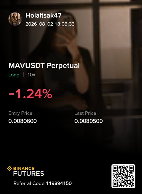 The image is a Binance Futures screenshot from user "Holaitsak47" dated 2026-08-02 showing a MAVUSDT Perpetual long position at 10x leverage, currently down 1.24% with an entry price of 0.0080600 and last price of 0.0080500. It illustrates the trader's open long position on $MAV, which corresponds to the post's mention of taking a small long position for a possible rebound from the $0.008–$0.0081 entry zone.