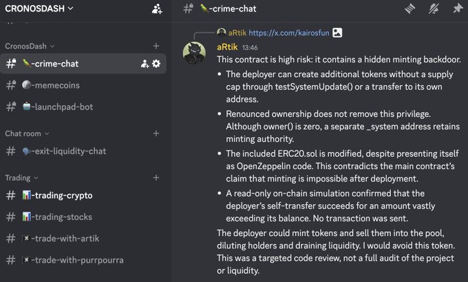 A Discord chat in the 'crime-chat' channel shows a message from aRtik (aRtk https://x.com/kairosfun) warning about a smart contract that contains a hidden minting backdoor, allowing the deployer to create additional tokens without a supply cap through testSystemUpdate() or a transfer to its own address, despite renouncing ownership.