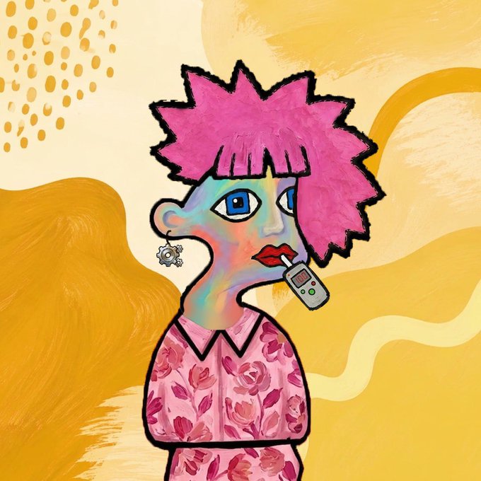 A painted-style illustration of a person with spiky pink hair, blue eyes, and a multicolored face, wearing a pink floral shirt, with a small device held near their lips and a yellow textured background.