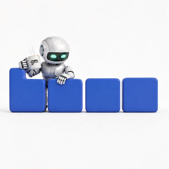 A white robot with glowing green eyes holds a coffee mug labeled "gm" (good morning) while peeking over a bar chart made of ascending blue blocks, visually representing the bullish momentum and AI optimism mentioned in the "base morning" crypto post.