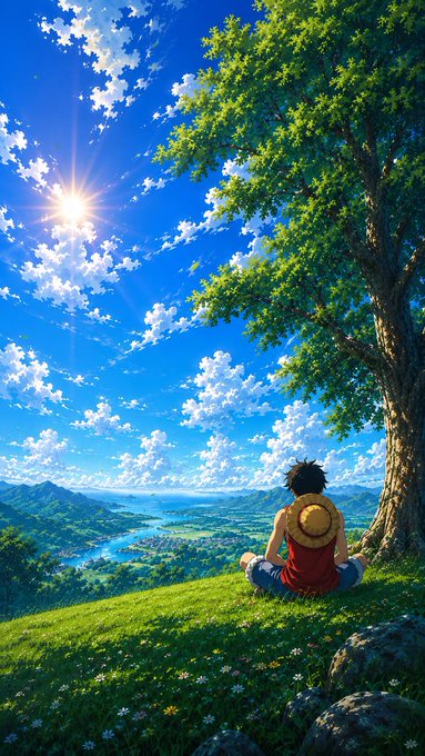 An anime-style illustration of a character wearing a straw hat sitting under a large tree on a grassy hill, overlooking a vast green valley with a winding river under a bright, sunny sky.