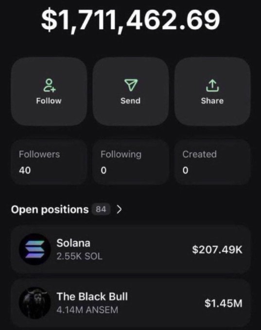 The image displays a crypto portfolio screen showing a total balance of $1,711,462.69, with open positions including 2.55K Solana ($SOL) worth $207.49K and 4.14M ANSEM tokens valued at $1.45M. The portfolio directly illustrates the post's message, demonstrating how the $ANSEM token has generated substantial wealth alongside a major Solana position, supporting the claim that the token "changed my life."
