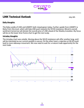 A 'Crypto WIZO' technical analysis page titled 'LINK Technical Outlook' for July 4th, discussing LINK/USDT being closed green with both sentiment and intraday analysis noting support around $8.20 and resistance at $9.50.
