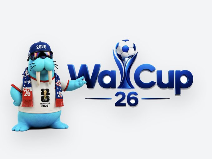 A promotional graphic featuring a blue walrus mascot wearing sunglasses, a 2026 cap, and a FIFA scarf, next to the 'WalCup 26' logo with a soccer ball.