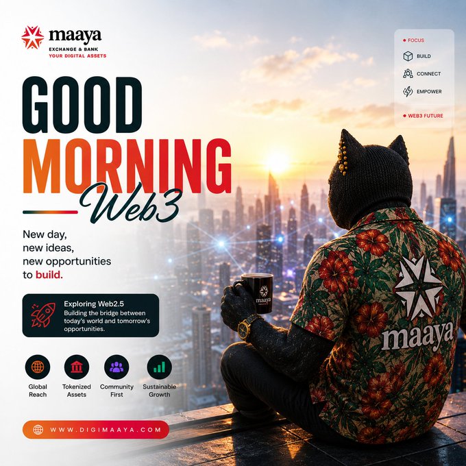 Web3 promotional graphic for 'maaya EXCHANGE & BANK' featuring a person wearing a cat-eared beanie and floral shirt looking at a city skyline with text 'GOOD MORNING Web3' and website www.digimaaya.com.