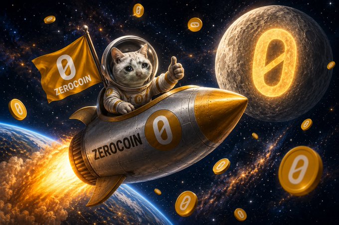 A whimsical digital artwork showing a cat in an astronaut suit riding a rocket labeled 'ZEROCOIN' through space, surrounded by gold coins bearing the Zerocoin logo, with the moon also displaying the logo.