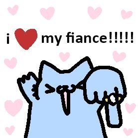 A cute blue cartoon character with its tongue sticking out is depicted below the text "i ❤ my fiance!!!!!" surrounded by pink heart illustrations.