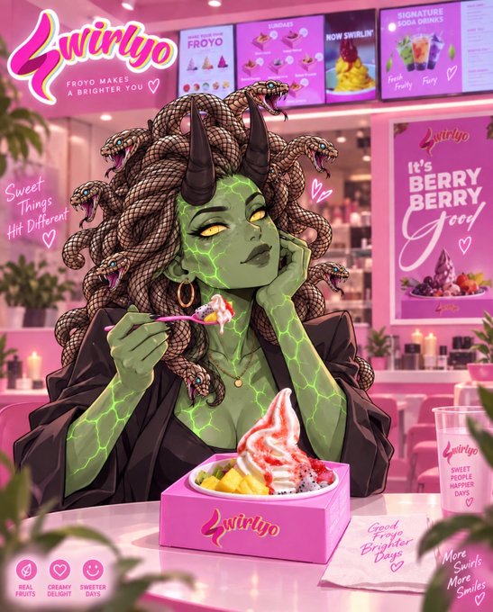 A digital illustration of Medusa with snakes for hair in a pink dessert shop called 'Swirlyo,' eating from a spoon while a matcha dessert with red beans sits in front of her.