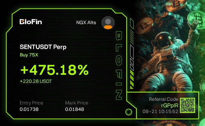 The image showcases a BloFin trade notification highlighting a massive **+475.18% gain (+220.28 USDT)** on the **SENT/USDT Perp** pair bought with **75X leverage**, with an entry price of **0.01738** and mark price of **0.01848**, tied to the referral code **rGPpIR**—perfectly complementing the optimistic "Gm, ready for today?" vibe with proof of a bullish win.