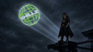 A hooded figure stands on a rooftop at night with a glowing green globe displaying the ticker 'SMILLZ' emitting light beams.