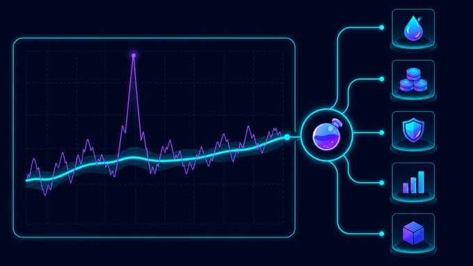 A digital dashboard displaying a fluctuating purple line graph with a cyan trend line, connected to a central node with five icons including a water droplet, stacked coins, a shield, a bar chart, and a cube.