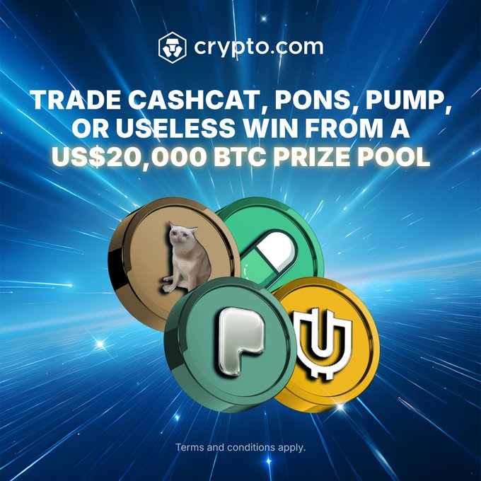 A Crypto.com promotional graphic featuring four meme coins—$CASHCAT (cat token), $PONS (green logo), $PUMP (green logo), and $USELESS (yellow logo)—against a blue starburst background, advertising a trading competition with a US$20,000 BTC prize pool. The image's headline "TRADE CASHCAT, PONS, PUMP, OR USELESS WIN FROM A US$20,000 BTC PRIZE POOL" directly supports the post's call to action for users to grow their holdings in these specific tokens for a chance to win $10 in BTC.