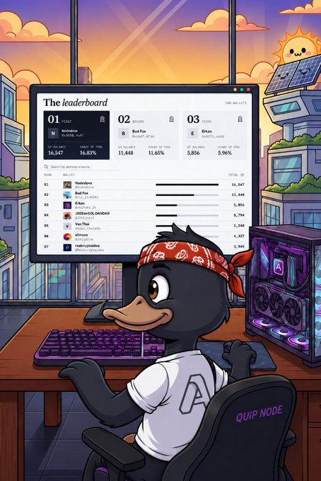 A cartoon duck wearing a red bandana sits at a gaming PC setup, facing a monitor that displays "The leaderboard" featuring top entries like "Nichodem" ($16,547), "Boof Fox" ($11,448), and "Erlan" ($5,856), with the scene set against a sunset cityscape and a sun character with a solar panel. The image visually represents the post's message about the Quip network node operator actively competing on a crypto mining leaderboard, even while using optimized hardware like CUDA-MSA against users running multiple GPUs.