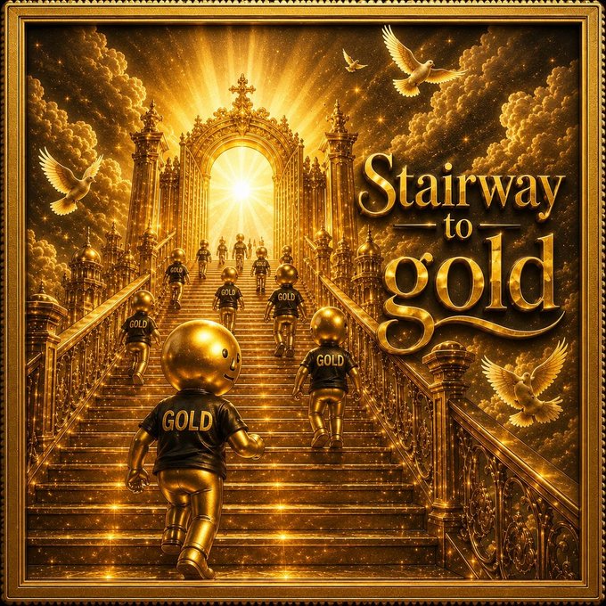 The image features a group of gold-colored figures walking up a staircase towards a golden archway or doorway. The scene appears to be set against a backdrop of clouds, creating an atmosphere of mystery and anticipation. The caption below the image reads "I just spotted something that could surprise a lot of people... $GOLD is building a community around faith, conviction, and the dream of creating generational wealth". This message suggests that the golden figures are embarking on a journey towards financial success or prosperity, which may be related to the concept of investing in gold. The image evokes curiosity about what lies beyond the golden archway and how it connects with the broader theme of faith and community.