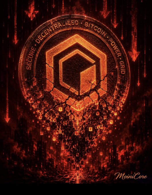 A fiery orange and red stylized Bitcoin logo with the words 'SECURE • DECENTRALIZED • BITCOIN • POWER GRID' around it, signed 'MoinCore' in the corner.