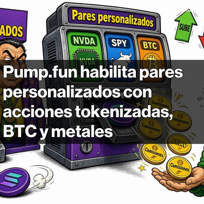 A cartoon-style graphic with Spanish text 'Pump.fun habilita pares personalizados con acciones tokenizadas, BTC y metales' showing a slot machine labeled 'Pares personalizados' featuring NVDA, SPY, and BTC.